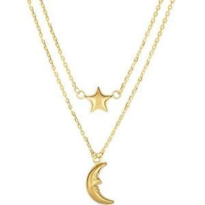 10K Yellow Gold Moon And Star Layered Pendant Necklace, 17"